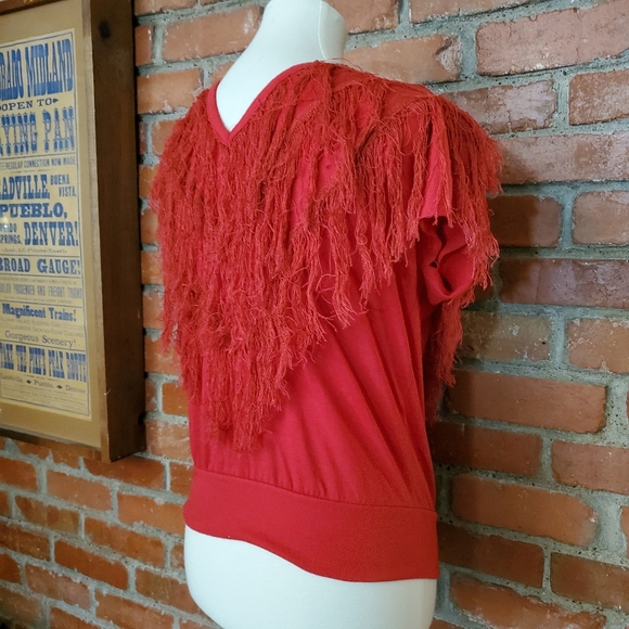 Vintage 80s Red Long Fringe Top V Neck T Shirts Me - Picture 5 of 7